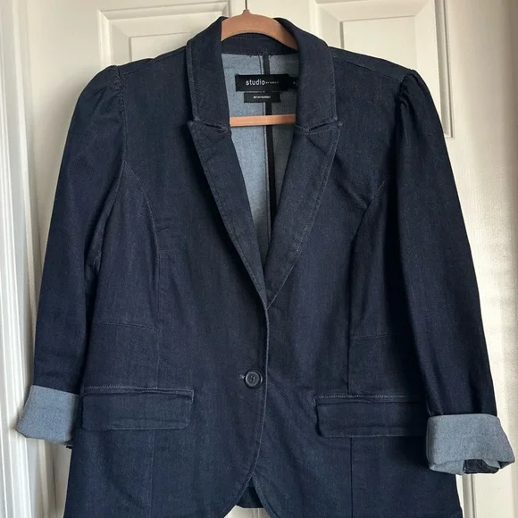 Torrid Denim Puff Sleeve Blazer- Dark Blue - Picture 3 of 5
